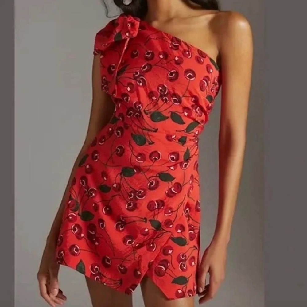 ANTHROPOLOGIE | Maeve Red Cherry Print Mini Dress size 8 one shoulder MINT